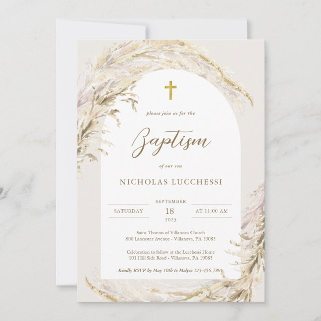 Invitación Boho Pampas Grass Modern Twins Baptism (Anverso)