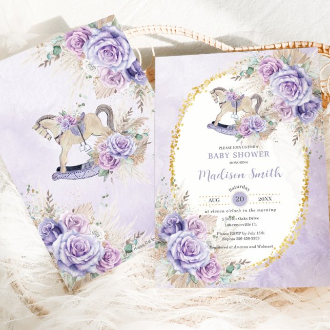 Invitación Boho Pampas Grass Morple Floral Rockear Hípica Beb (Subido por el creador)