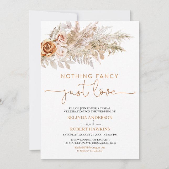 Invitación Boho Pampas Grass Nada Fancy Sólo ama al Boda (Anverso)