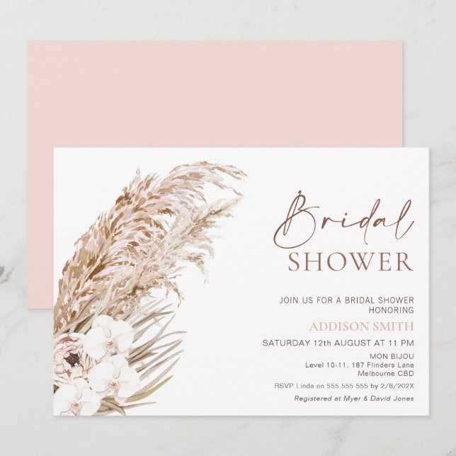 Invitación Boho Pampas Grass Orchards Floral Bridal Shower (Anverso / Reverso)