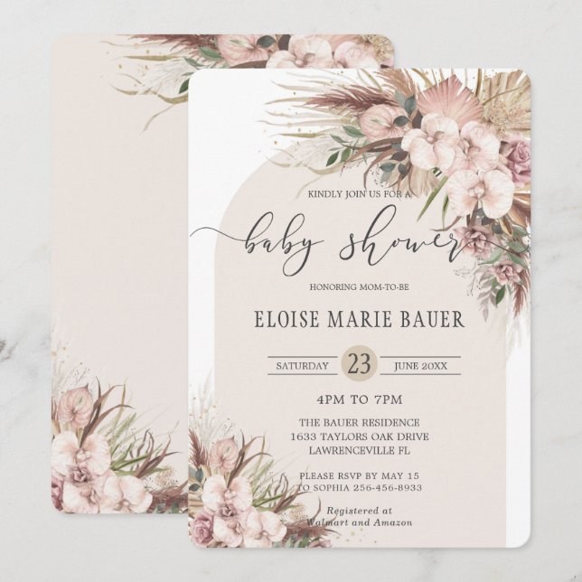 Invitación Boho Pampas Grass Orchid Floral Arch Baby Shower (Anverso / Reverso)