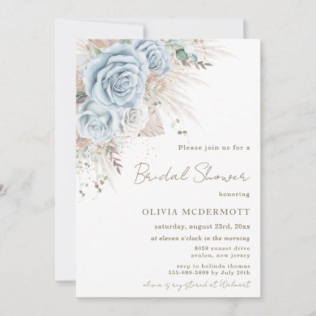 Invitación Boho Pampas Grass Pastel Blue Floral Bridal Shower (Anverso)