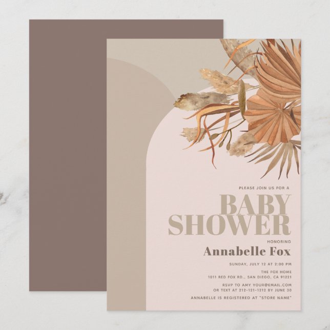 Invitación Boho Pampas Grass Pink Baby Shower (Anverso / Reverso)