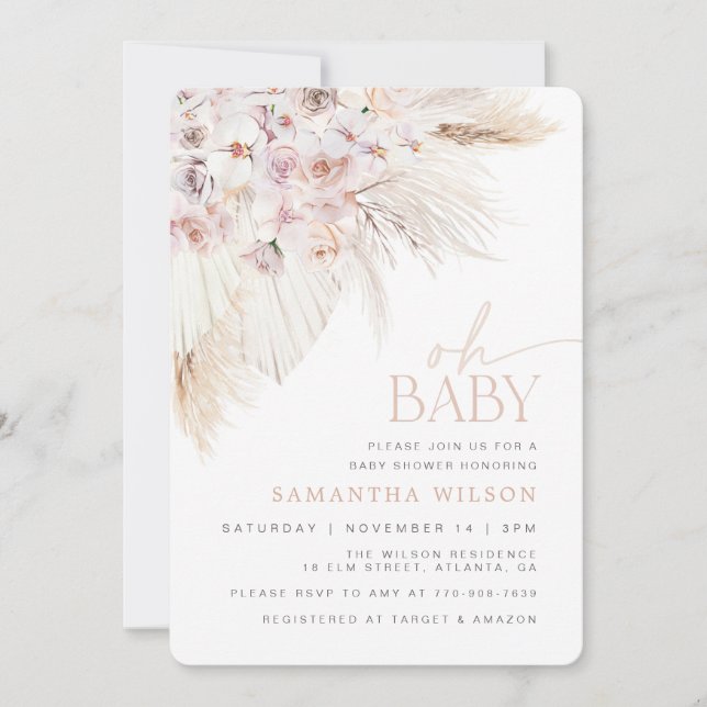 Invitación Boho Pampas Grass Pink Baby Shower (Anverso)