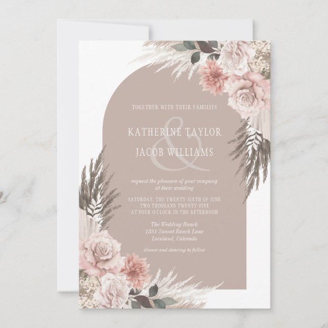 Invitación Boho Pampas Grass Pink Floral Boda (Anverso)