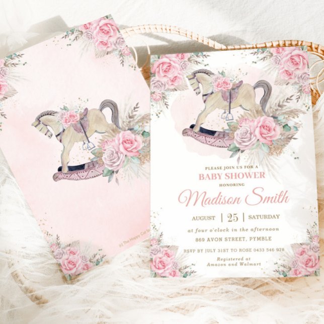 Invitación Boho Pampas Grass Pink Floral Roca Hípica Bebé (Subido por el creador)