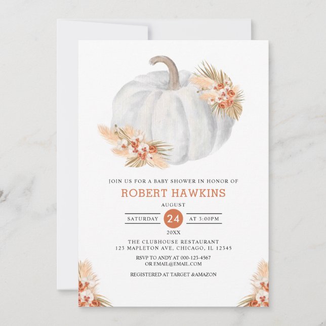 Invitación Boho Pampas Grass Pumpkin Baby Shower (Anverso)