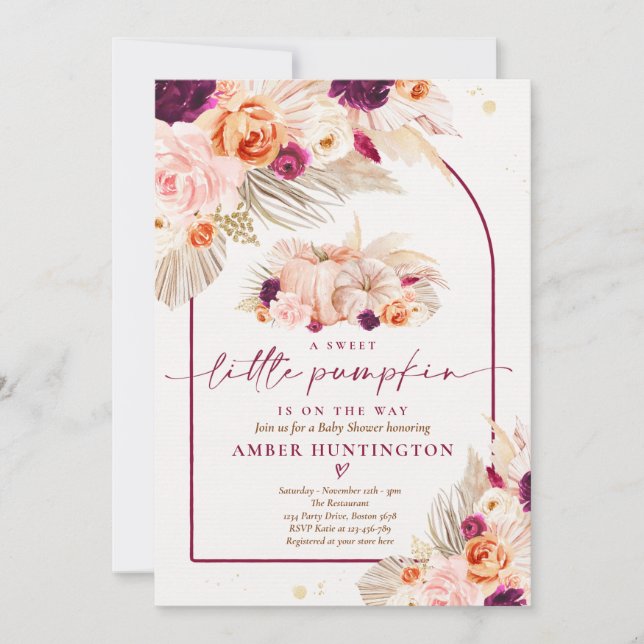 Invitación Boho Pampas Grass Pumpkin Burgundy Baby Shower (Anverso)