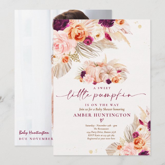 Invitación Boho Pampas Grass Pumpkin Burgundy Baby Shower (Anverso / Reverso)