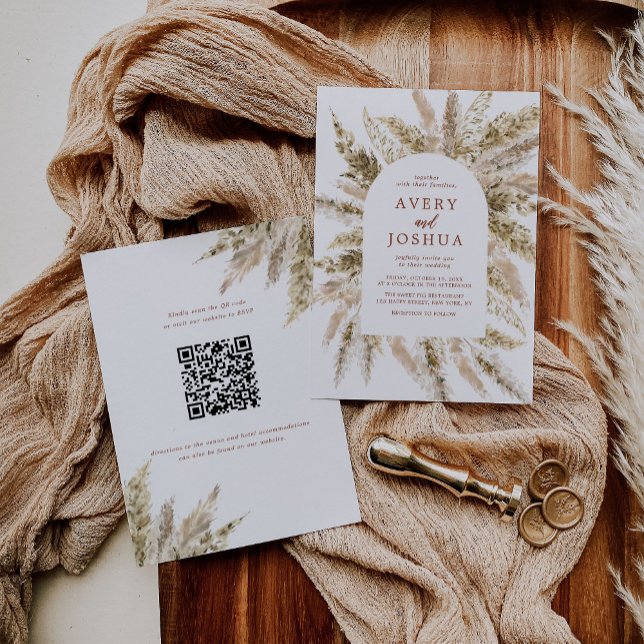 Invitación Boho Pampas Grass Qr Code Todo En Un Boda (Subido por el creador)