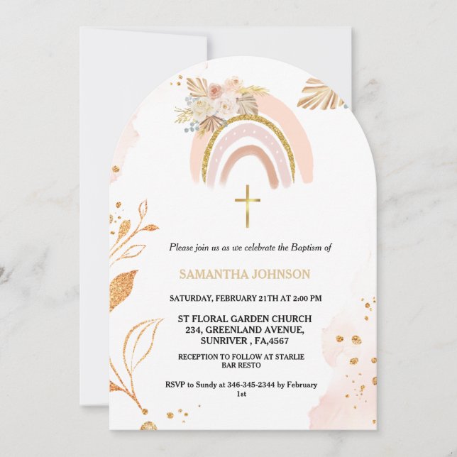 Invitación Boho Pampas Grass Rainbow Chica BAptism Christenin (Anverso)