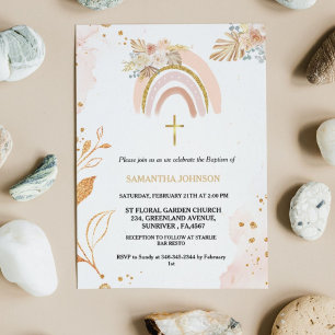 Invitación Boho Pampas Grass Rainbow Chica BAptism Christenin