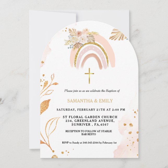 Invitación Boho Pampas Grass Rainbow Chica BAptism Christenin (Anverso)