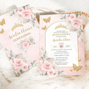 Invitación Boho Pampas Grass Rosa Desmayado Floral Quinceañer