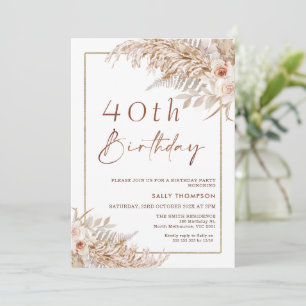 Invitación Boho Pampas Grass Rosas Gold Frame Cumpleaños