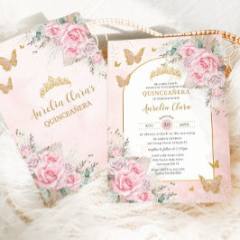 Invitación Boho Pampas Grass Rosas Rosadas Floral Quinceañera