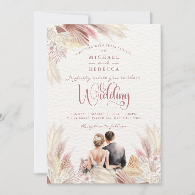 Invitación Boho Pampas Grass Rubor Dusky Boda Rosa Invita (Anverso)