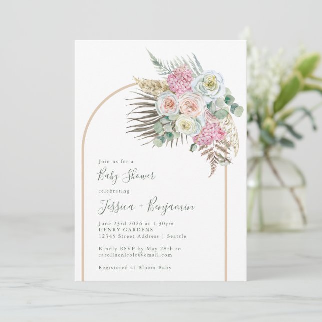 Invitación Boho Pampas Grass Rubor Floral Arch Baby Shower (Anverso de pie)