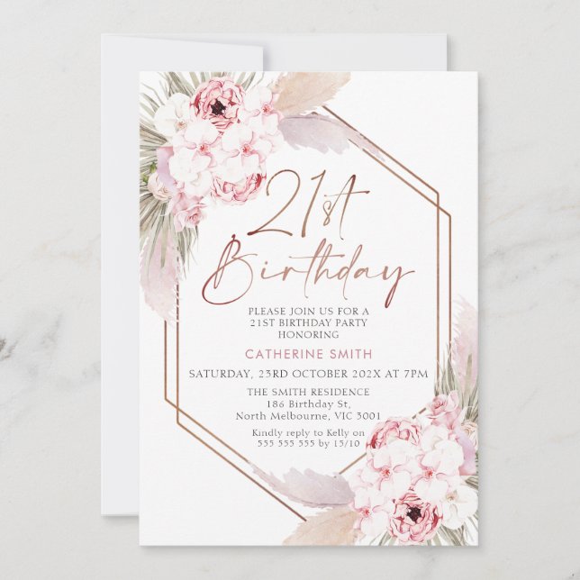 Invitación Boho Pampas Grass Sweet 21st Birthday (Anverso)