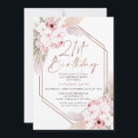 Invitación Boho Pampas Grass Sweet 21st Birthday<br><div class="desc">Invitación de cumpleaños 21ª inspirada en Boho Pampas Grass Sweet 21st Birthday Invitation Bohemia con dos arreglos florales de color rosa mayormente con pampas hierba y una moderna imagen caligráfica como encabezado en una falsa textura de oro rosa. Ideal para quien busca una dulce invitación de 21 años inspirada en...</div>