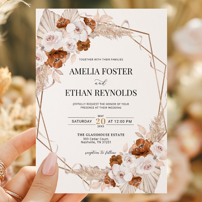Invitación Boho Pampas Grass Terracotta Orange Floral Wedding (Subido por el creador)