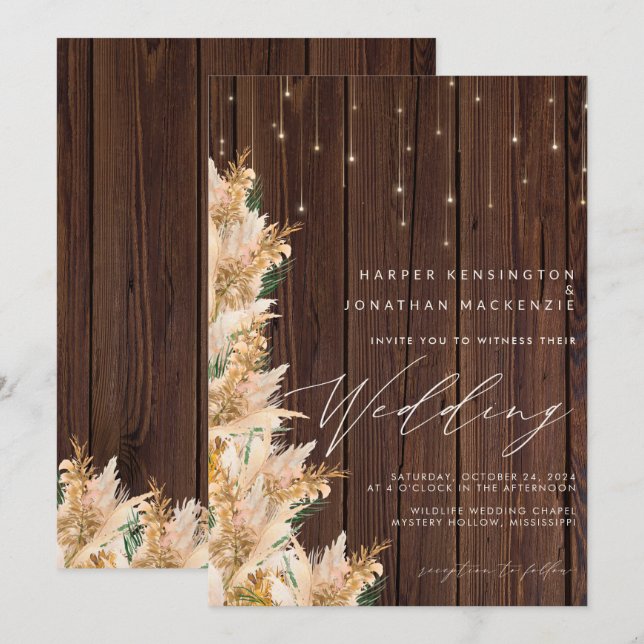 Invitación Boho Pampas Grass Twinkle Lights Boda de madera (Anverso / Reverso)