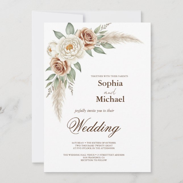 Invitación Boho Pampas Grass Watercolor Floral Boda Invita (Anverso)