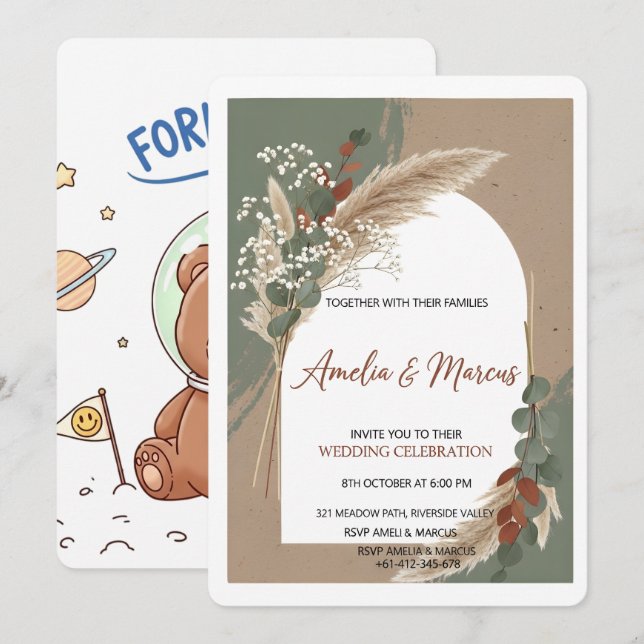 Invitación Boho Pampas Grass Wedding Invitation  (Anverso / Reverso)