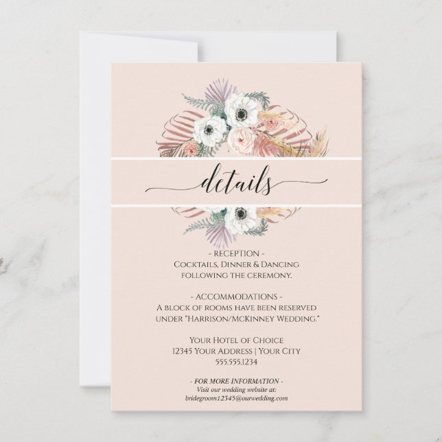Invitación Boho Pampas Grass White Rubor Floral Palm Foliage (Anverso)