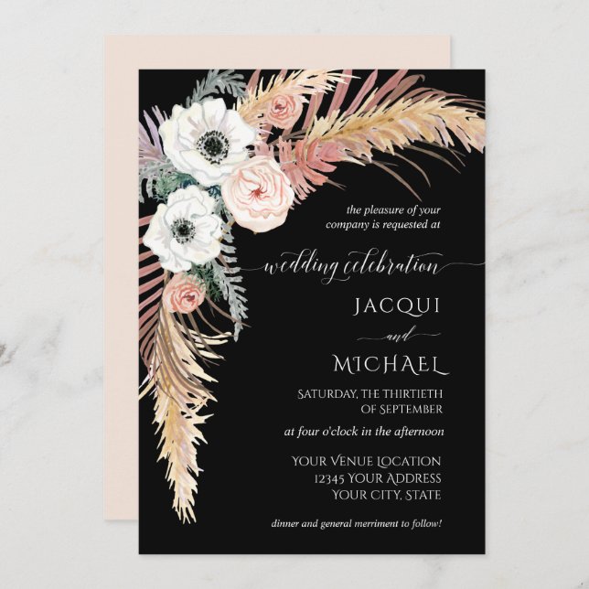 Invitación Boho Pampas Grass White Rubor Floral Palm Foliage (Anverso / Reverso)