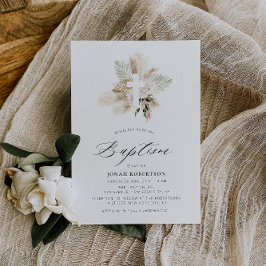 Invitación boho pampas hierba vegetación baptismo de cruz flo