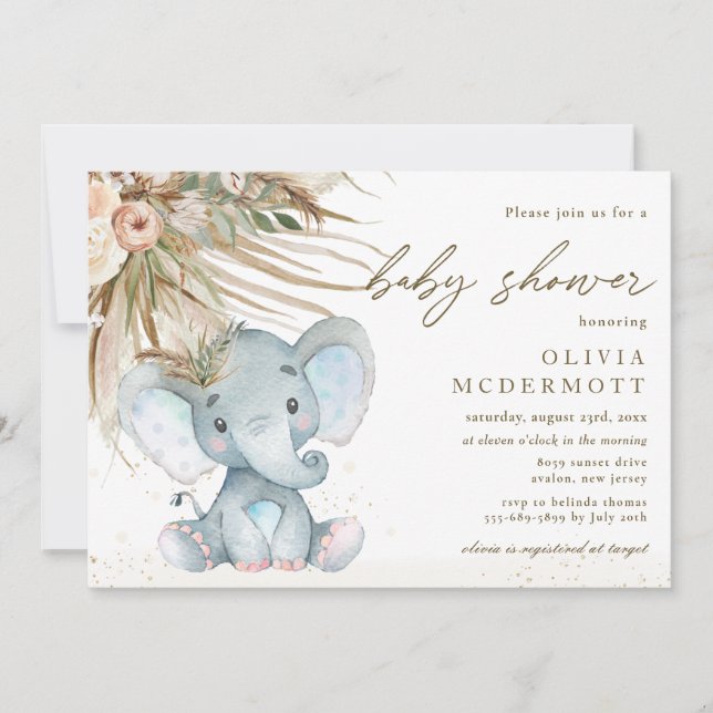 Invitación Boho Pampas hijo de Baby Shower de elefante floral (Anverso)