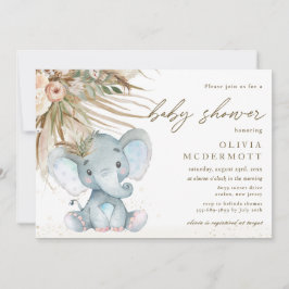 Invitación Boho Pampas hijo de Baby Shower de elefante floral