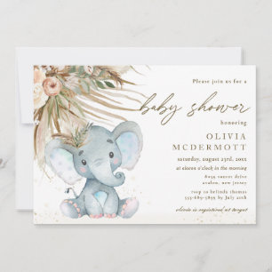 Invitación Boho Pampas hijo de Baby Shower de elefante floral