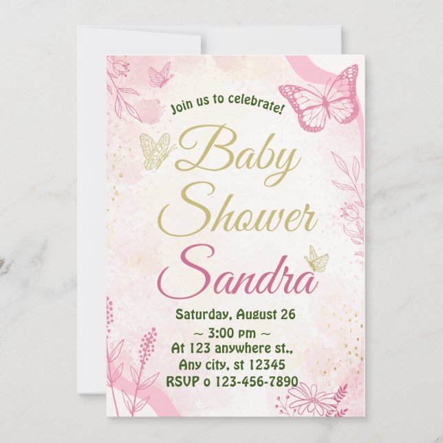 Invitación Boho Pampas mariposa Grass Baby Shower chica (Anverso)