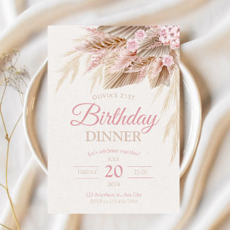 Invitación Boho Pampas Moda rosa moderna Chica de cumpleaños