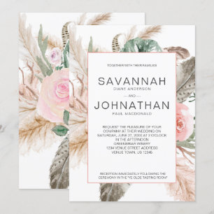 Invitación Boho Pampas, Monstera, Floral de plumas tropicales