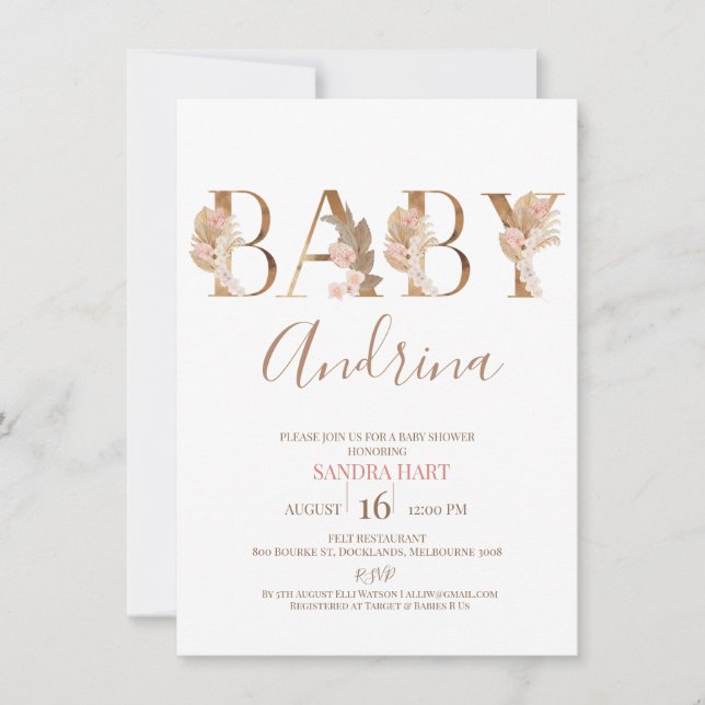 Invitación Boho Pampas Niña Grasa Nombre Baby Shower (Anverso)