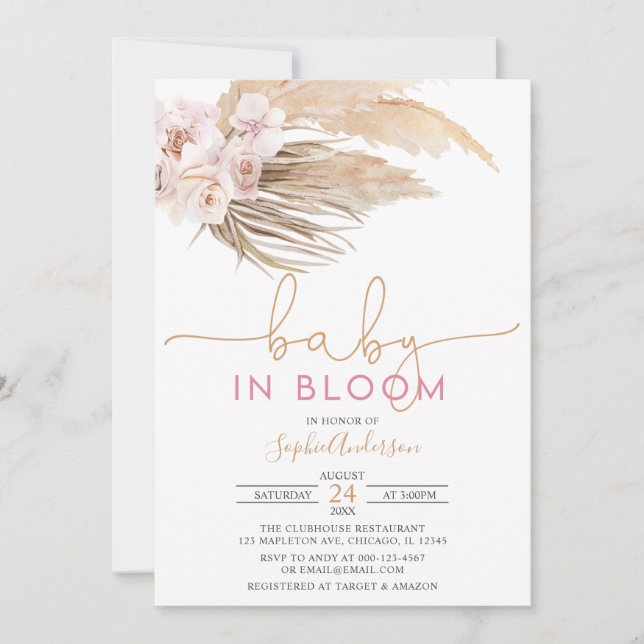 Invitación Boho Pampas Niño De Grasa En Bloom Invita Baby Sho (Anverso)