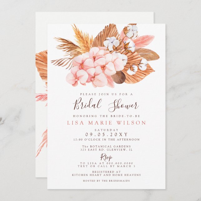 Invitación Boho Pampas Orchids Cotton Rubor Bridal Shower (Anverso / Reverso)