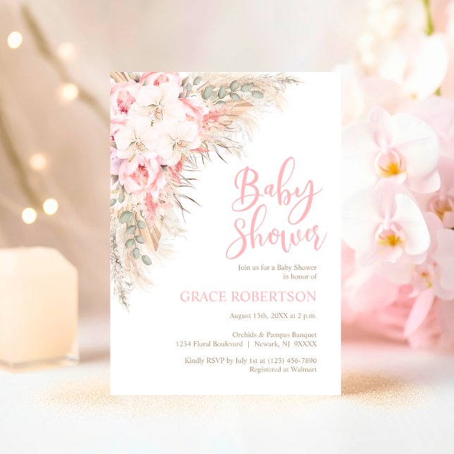 Invitación Boho Pampas Orchids Peonies Neutral Baby Shower (Boho Pampas Orchids Peonies Pink Neutral Baby Shower Invitation)