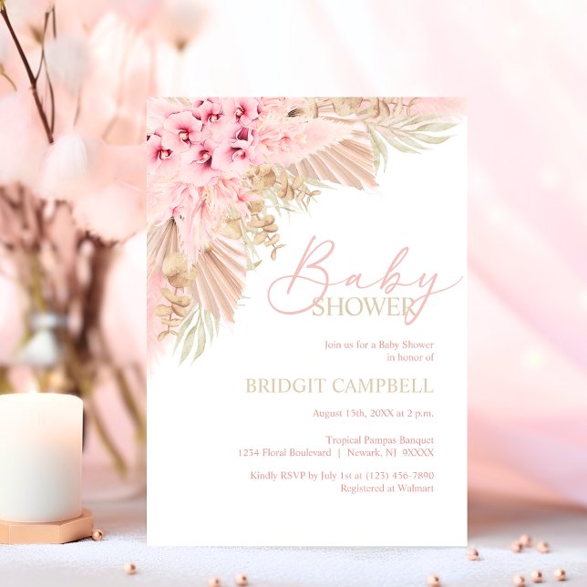 Invitación Boho Pampas Orchids Pink Neutral Baby Shower (Boho Pampas Orchids Pink Neutral Baby Shower Invitation)