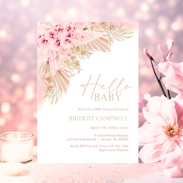 Invitación Boho Pampas Orchids Pink Neutral HELLO Baby Shower (Boho Pampas Orchids Pink Neutral HELLO Baby Shower Invitation)