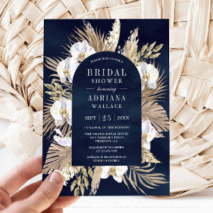 Invitación Boho Pampas Orquídea Blanca Azul Marino Lluvia de 