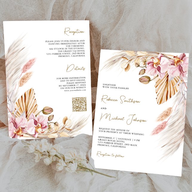 Invitación Boho Pampas Orquídea Rosa Boda de código QR Floral (Subido por el creador)