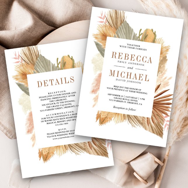 Invitación Boho Pampas Palma Seca Todo en Uno Boda (Subido por el creador)