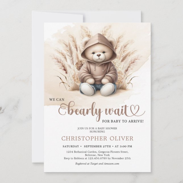 Invitación Boho Pampas pasto del oso de peluche neutro sudor  (Anverso)