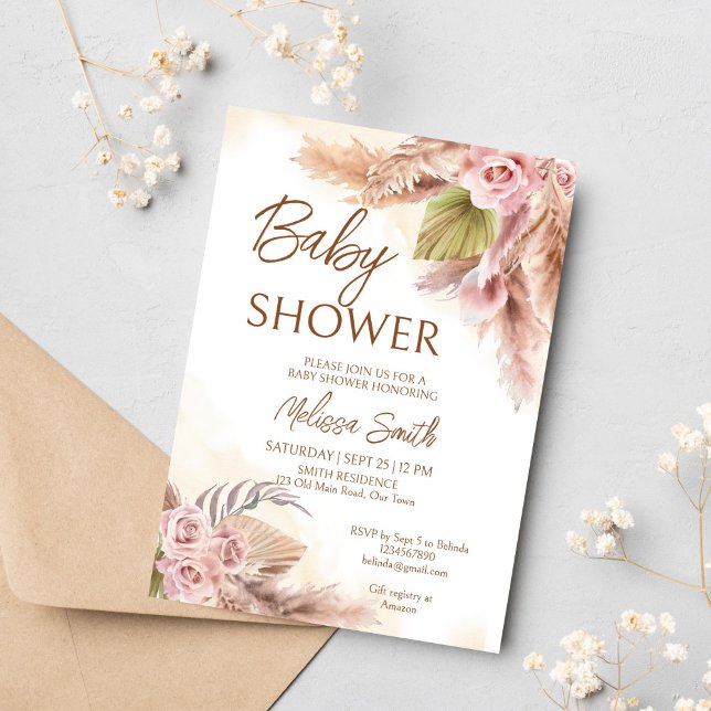 Invitación Boho pampas pasto seco rosas beige bebé ducha (Boho pampas dry grass earthy pastel cream roses baby shower invitation template instant download)