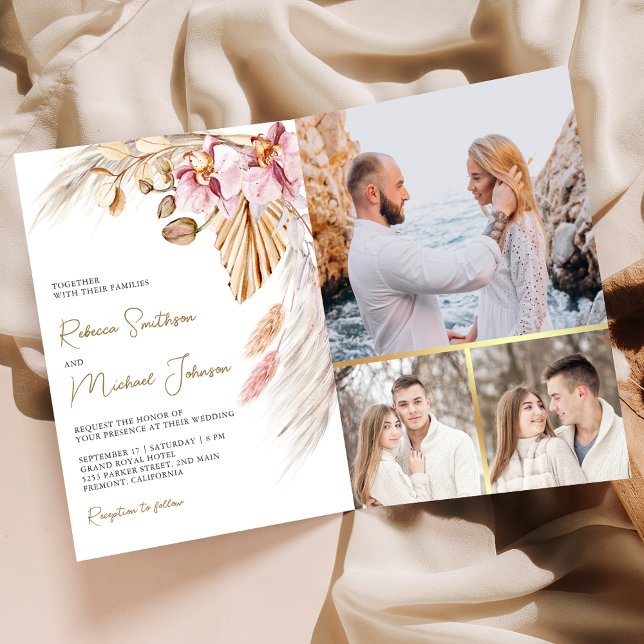 Invitación Boho Pampas Pink Orchid Floral QR Code Wedding (Subido por el creador)