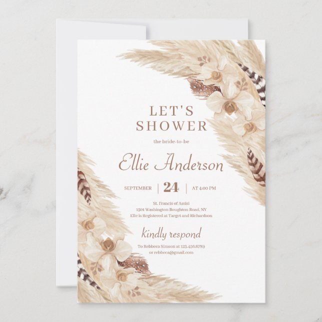 Invitación Boho Pampas postre orquídea ducha de novia (Anverso)